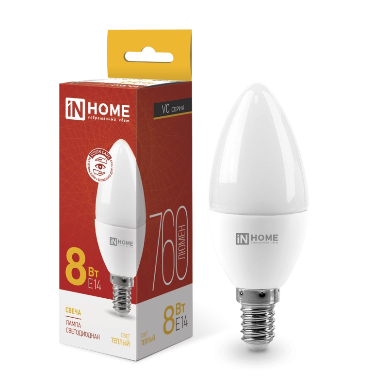  Лампа светодиодная   8Вт Е14 теплый свет, свеча /20426/ *