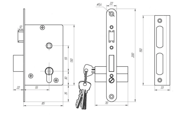  Замок врезной ЗВ4-3.02 БРОНЗА с руч